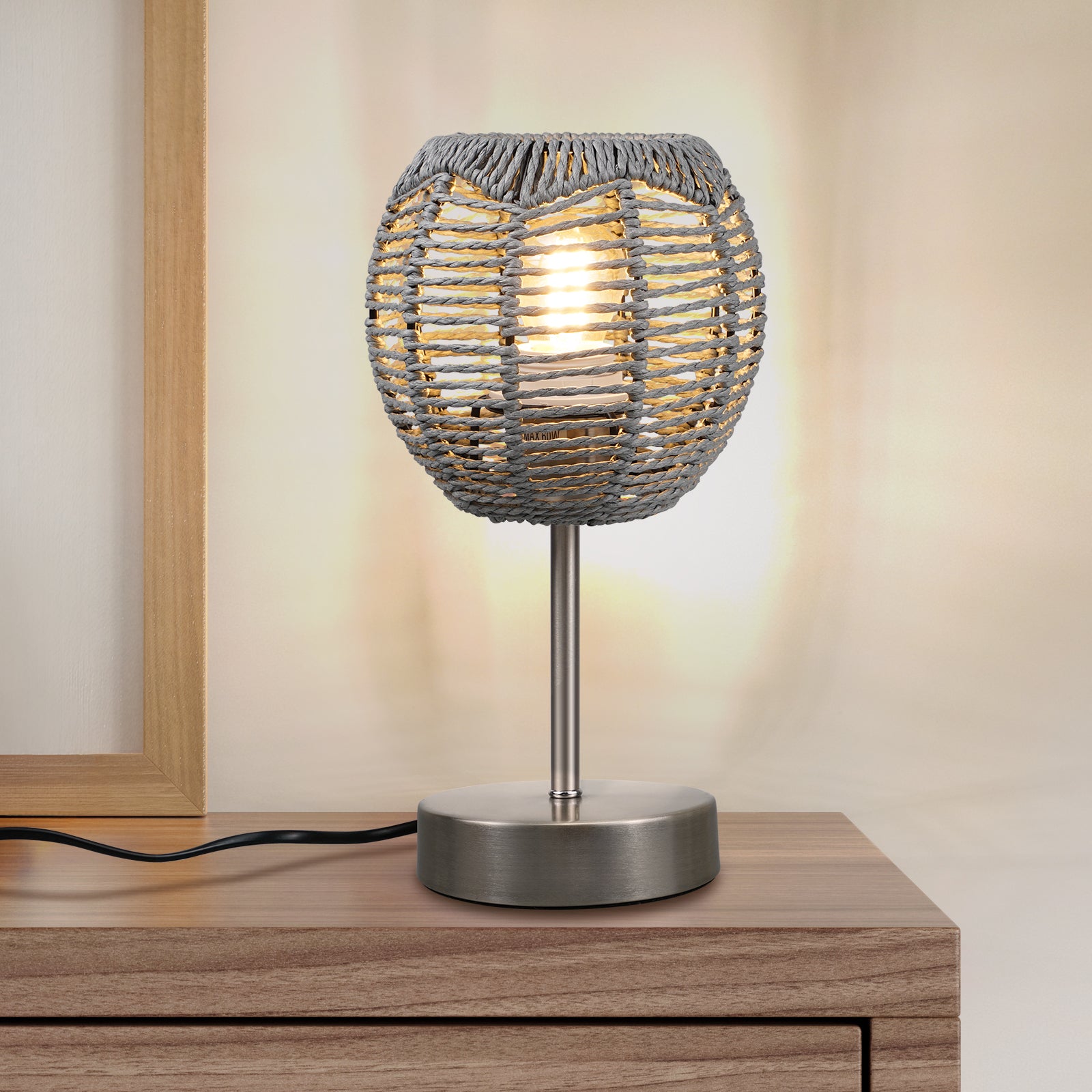 N02 Boho Bedside Table Lamp with Rattan Shade 3 Way Dimmable Touch Control