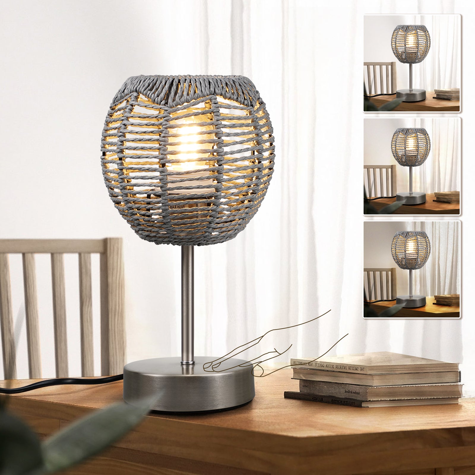 N02 Boho Bedside Table Lamp with Rattan Shade 3 Way Dimmable Touch Control