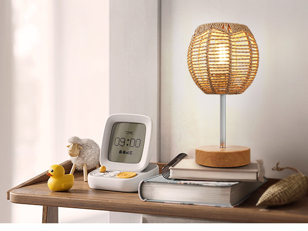 N02 Boho Bedside Table Lamp with Rattan Shade 3 Way Dimmable Touch Control