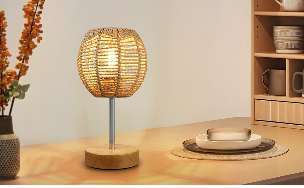 N02 Boho Bedside Table Lamp with Rattan Shade 3 Way Dimmable Touch Control