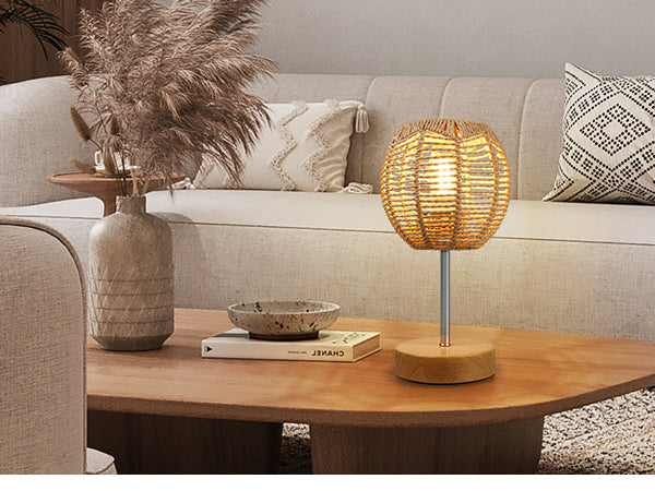 N02 Boho Bedside Table Lamp with Rattan Shade 3 Way Dimmable Touch Control