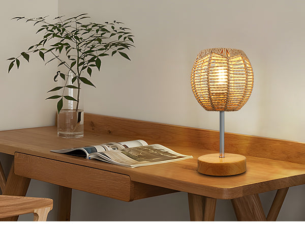 N02 Boho Bedside Table Lamp with Rattan Shade 3 Way Dimmable Touch Control