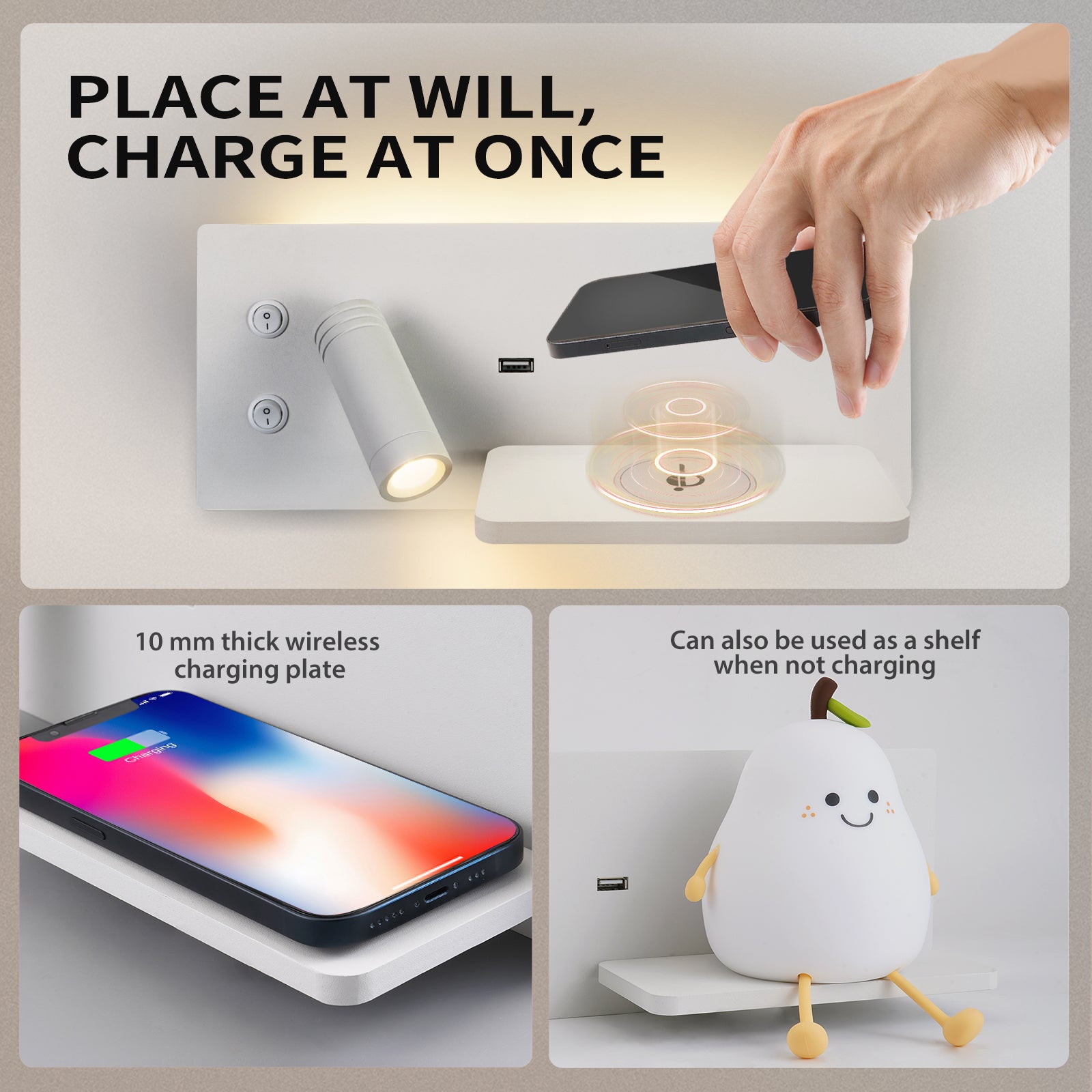 M01 Wireless Charging Wall Light with 3W Spotlight + 6W Backlight for Bedroom