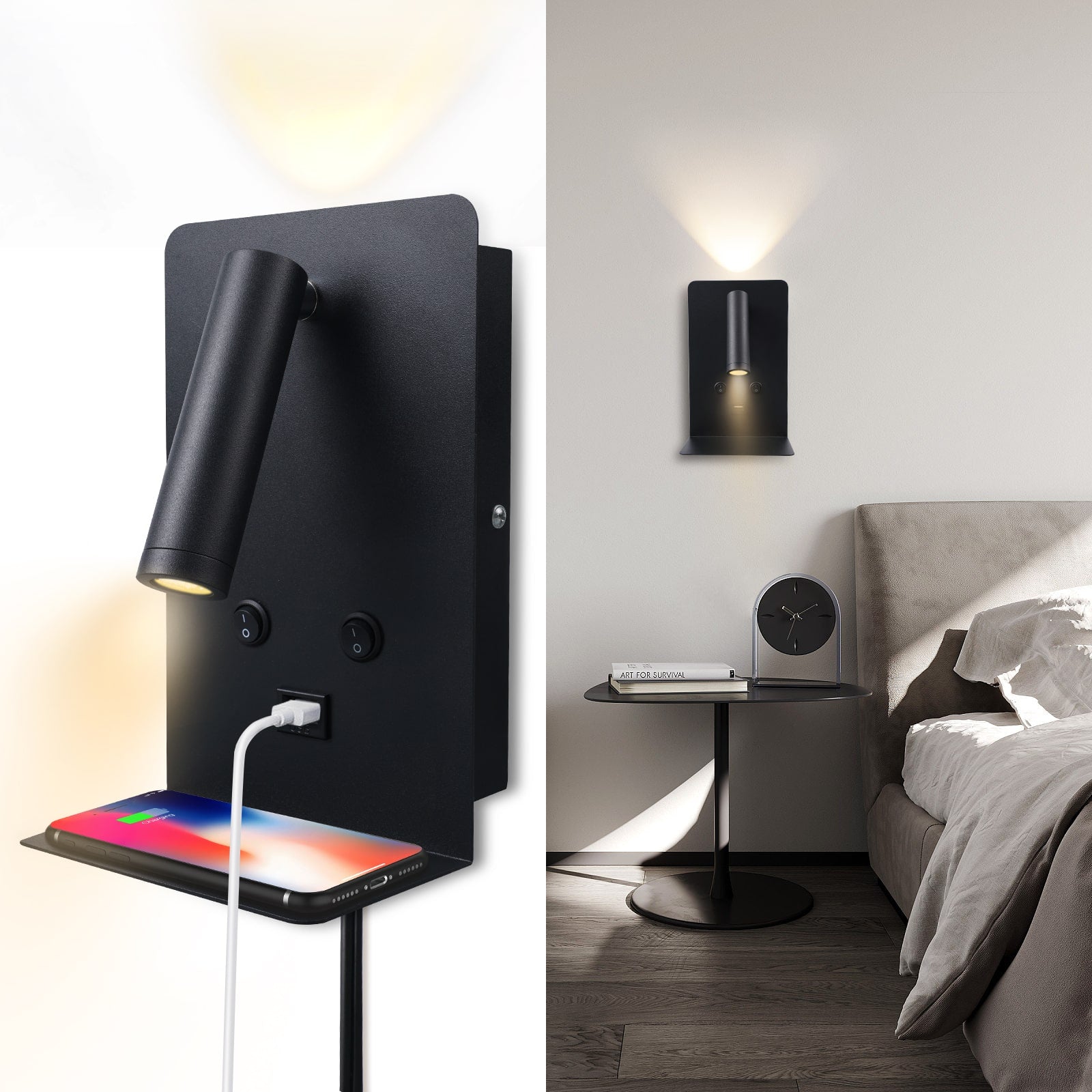 M03 350° Rotatable Reading Wall Lamp with Shelf for Bedroom