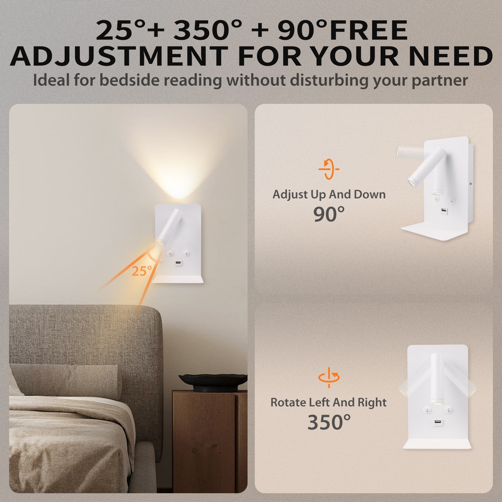 M03 350° Rotatable Reading Wall Lamp with Shelf for Bedroom